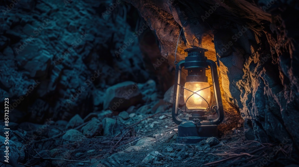 Poster a single lantern shines brightly in a dark environment