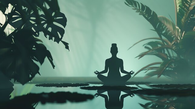 Silhouette of a person meditating in lotus position, serene background, Human Silhouette, Inner peace and mindfulness