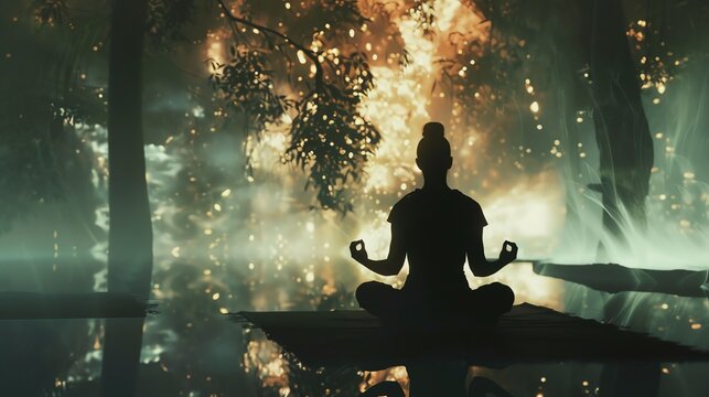 Silhouette of a person meditating in lotus position, serene background, Human Silhouette, Inner peace and mindfulness