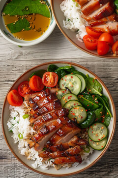 overhead photo of delicious sliced char siu pork over rice with cucumber spinach and tomatoes