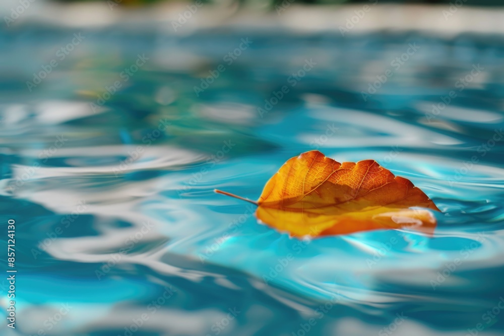 Poster A single leaf is seen floating on the surface of a pool of calm water