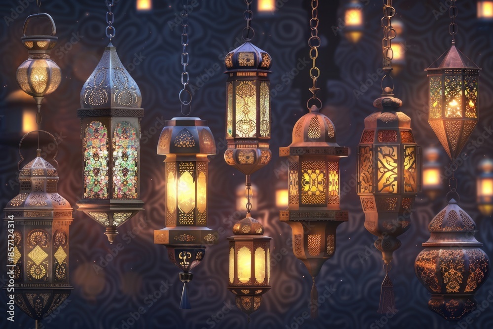 Poster a group of lanterns hanging from a ceiling, suitable for use in interior design or decorative settin