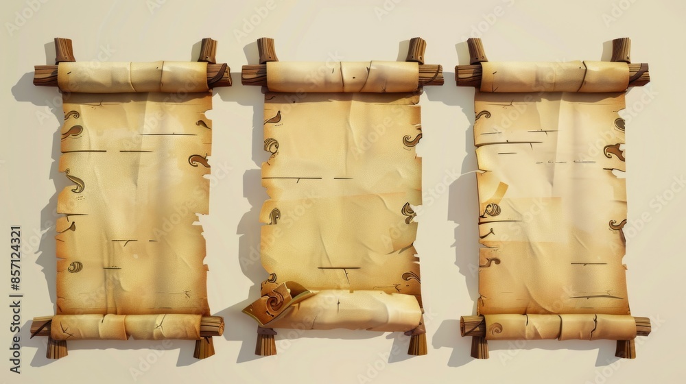Poster Three ancient scrolls hung on a stone wall with intricate carvings
