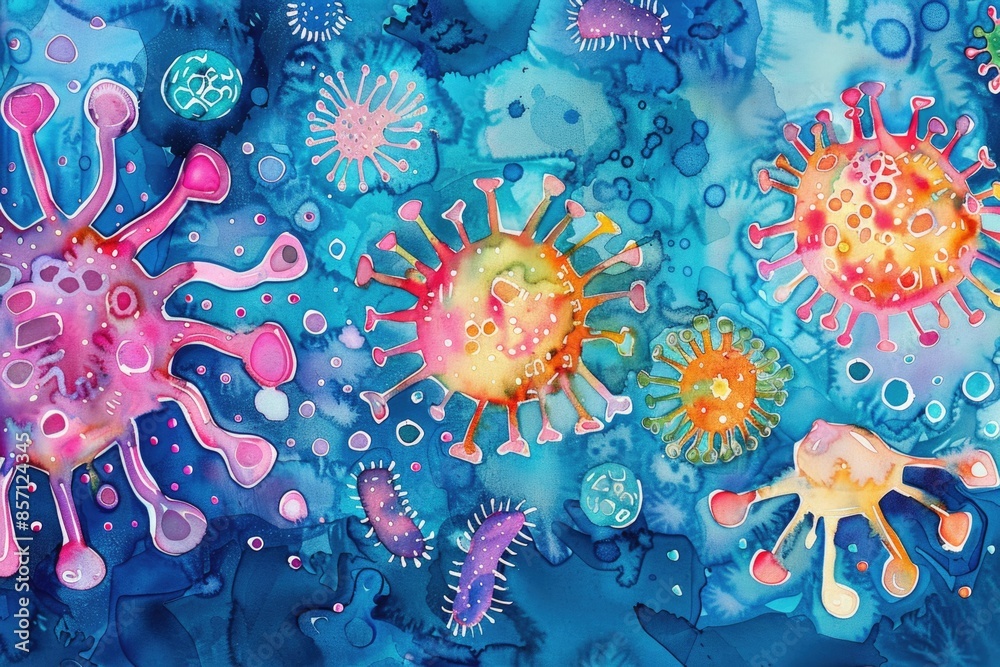 Aufkleber a microscopic view of germs on a blue background, useful for health and science related content