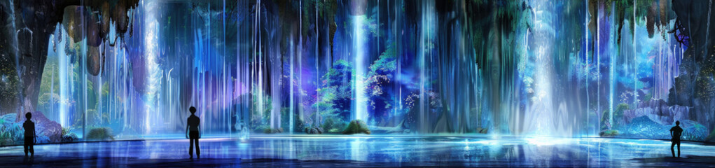 A digital illustration depicting a cave with a glowing waterfall and a forest in the background. The caves walls are illuminated with blue light and a lake reflects the light from the waterfall