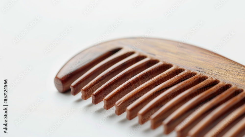 Poster a close-up shot of a wooden comb lying on a white surface, suitable for use in product photography o