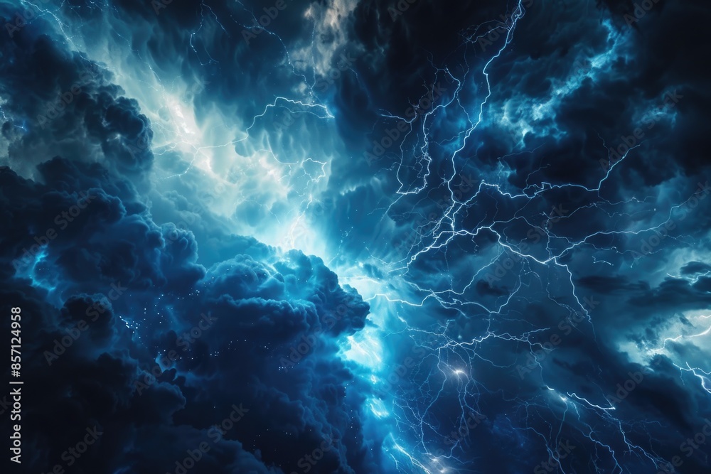 Poster a dramatic scene of lightning illuminating a dark blue and black sky, suitable for use as background