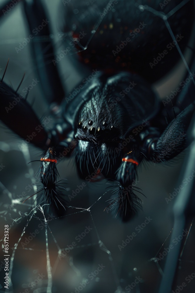 Poster a close-up view of a black spider perched on the center of its intricate web