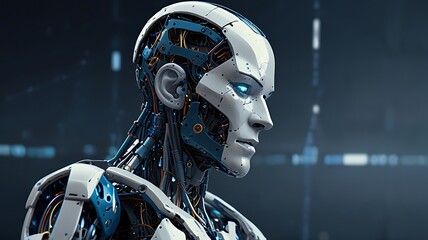 Fototapeta premium The image depicts a humanoid robot with one side for text