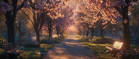Fototapeta premium Springtime Pathway Through Blooming Trees.