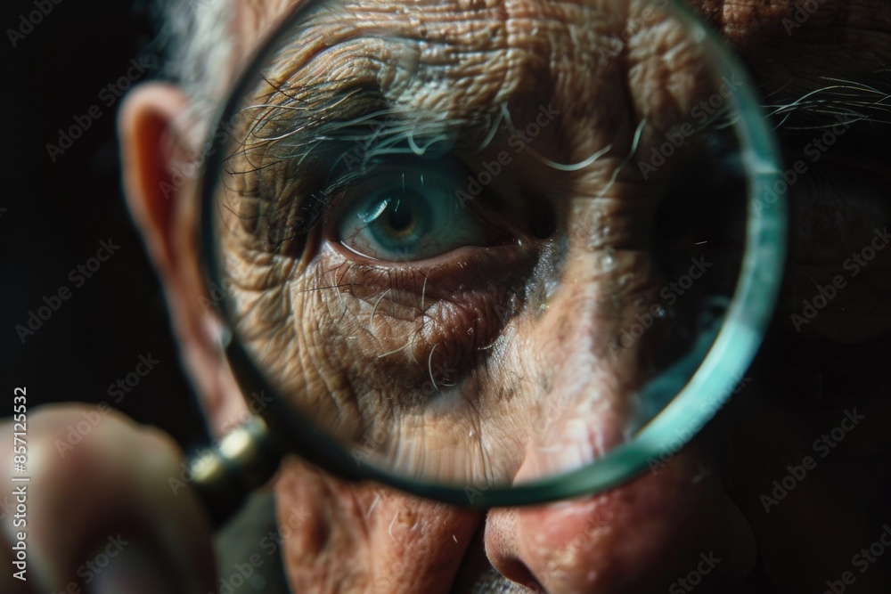 Poster a close-up view of someone looking at something through a magnifying glass, great for representing c