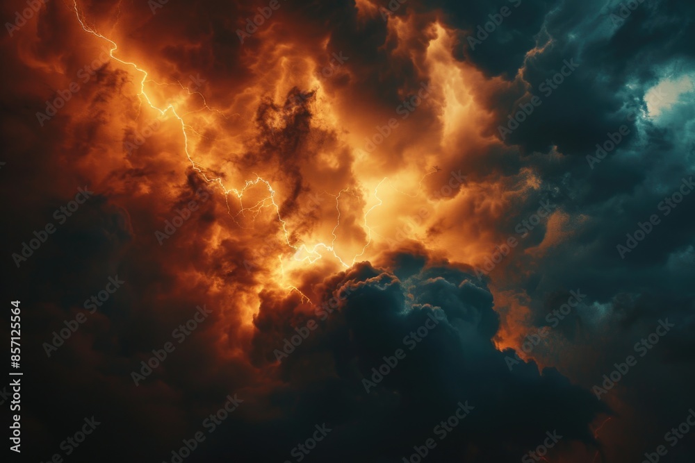 Poster a cloudy sky with lightning during a storm, suitable for weather or atmosphere-related themes