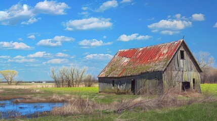 Obraz premium Weathered barn with a deteriorating roof in a green field near a blue water ditch on a sunny spring day