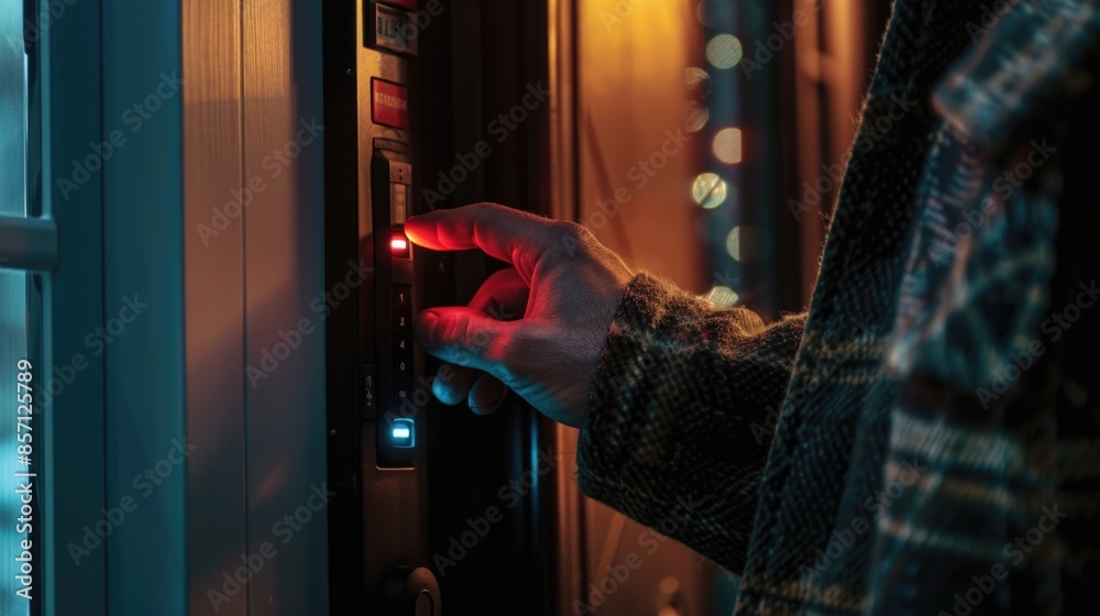 Poster a person presses the button on a door, likely to open or close it