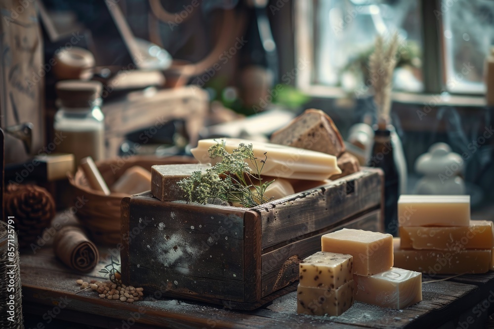 Poster a wooden box filled with various types of soap