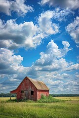 A classic red barn sits amidst a green field under a cloudy blue sky