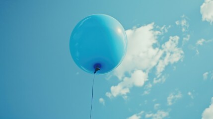 Obraz premium A blue balloon is seen floating in the sky attached to a string