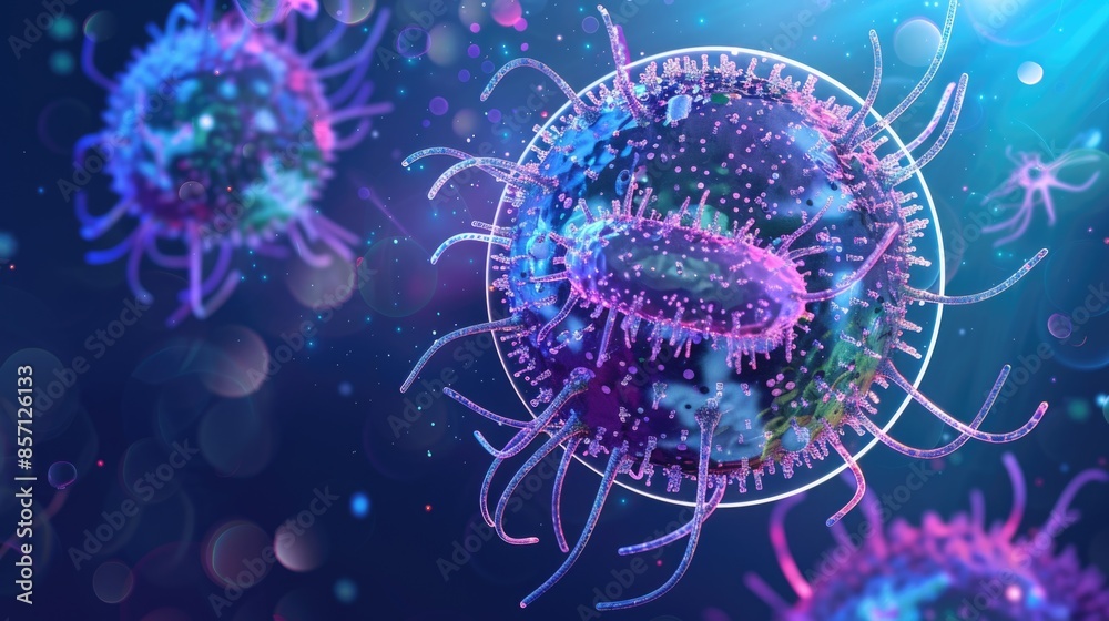 Poster A microscopic view of a cell with multiple cells surrounding it, suitable for use in scientific or educational contexts