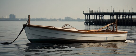 classic wooden boat facing the camera, minimalist, deadpan, banal, cool, clinical, urban, iconic, conceptual, subversive, sparse, restrained, symbol