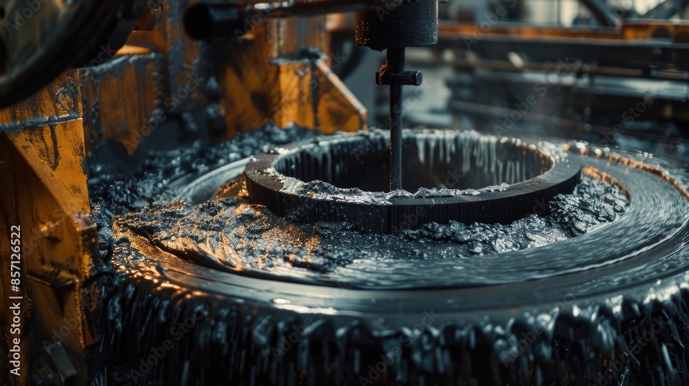 Poster a close-up view of a machine producing an item, suitable for use in industry, production, or manufac