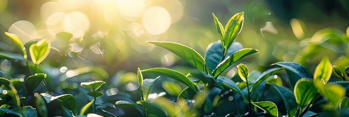 Fresh tea bud and leaves in the sunbeam