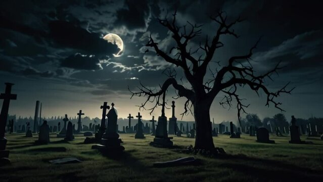 An old tree is in the middle of an old cemetery at night on a full moon.