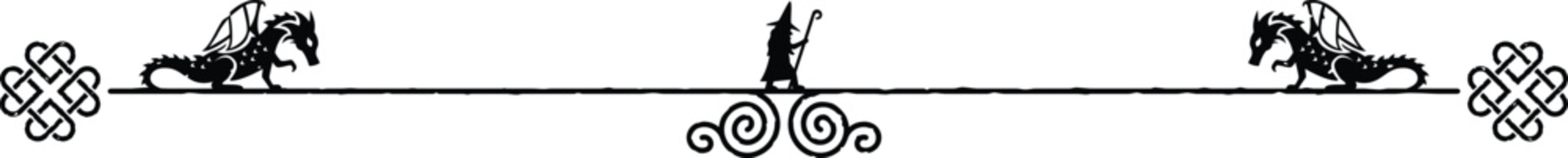 Celtic Knot Symbol Header with Dragons and Walking Wizard