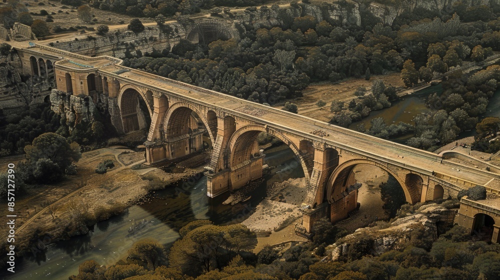 Poster aerial view of a bridge spanning a river with water and surrounding landscape