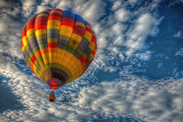 Obraz premium Colorful hot air balloon soaring through fluffy clouds, perfect for travel or adventure themes