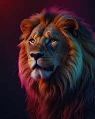 Naklejka premium A close-up portrait of a majestic lion's head with a flowing mane