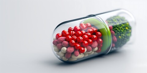 Clear pill capsule filled with various fruits vegetables nuts and pills illustrating concept of obtaining essential nutrients through natural food sources or dietary supplements