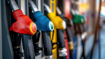 Colorful fuel dispenser or gas pump nozzles at the station for filling up vehicles with petrochemicals, energy, and natural ingredients, close-up view.
