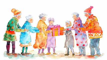 A watercolor illustration of seven elderly people exchanging gifts. They are all smiling and appear to be enjoying themselves