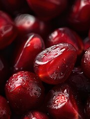 Close-up shot of fresh, juicy pomegranate seeds, glistening with dew drops.