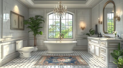 A luxurious bathroom with a freestanding tub, a large vanity, and stylish decor, illustration background