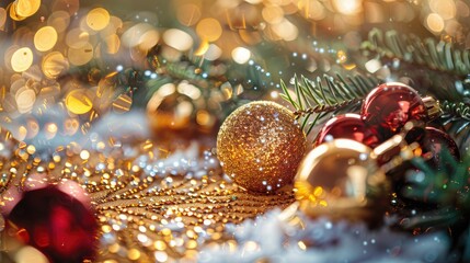 Close up of Christmas decorations on a golden beaded mat with a snow effect