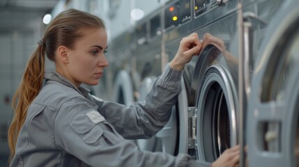 A woman in a grey uniform is checking the washing machine, possibly identifying an issue or preparing for maintenance