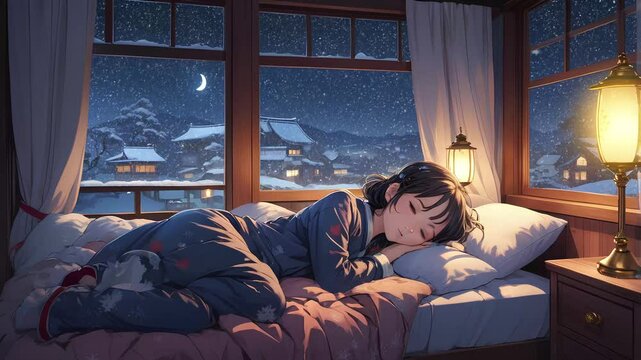 anime girls,sleeping,lofi , lofi girls, snow , winter , 4k resolution , peaceful, cold ,night , sound , music , tokyo , Japan , room , fuji , night ,