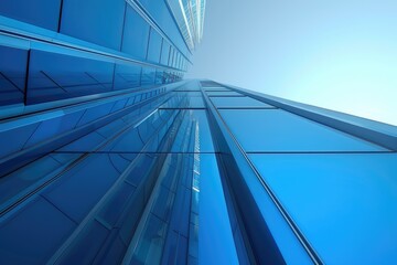 A high-rise building with a transparent facade and a blue sky in the background, suitable for use in urban landscape or architecture designs