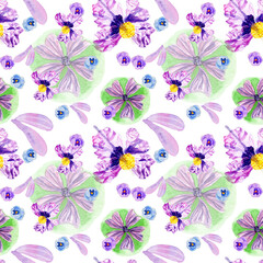 Pattern con iris, viole e malva, illustrazione ad acquerello isolata su sfondo bianco