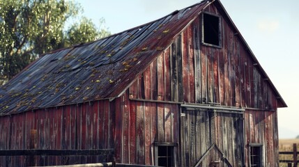 Fototapeta premium A weathered barn with a rusted tin roof and old wooden boards
