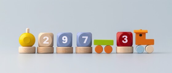 Colorful wooden number train toys arranged in a line on a light background, perfect for educational and playful themes.