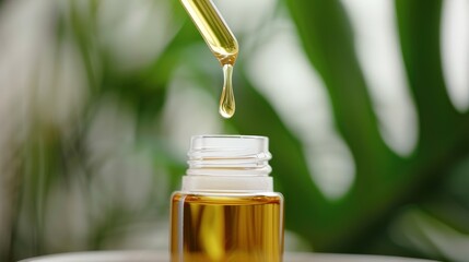 Close-up of a dropper with essential oil dripping into a glass bottle, with lush green plants in the background. Perfect for wellness themes.