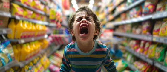 Obraz premium A young child screams in distress in a supermarket aisle, with shelves of colorful products forming a blurred background.