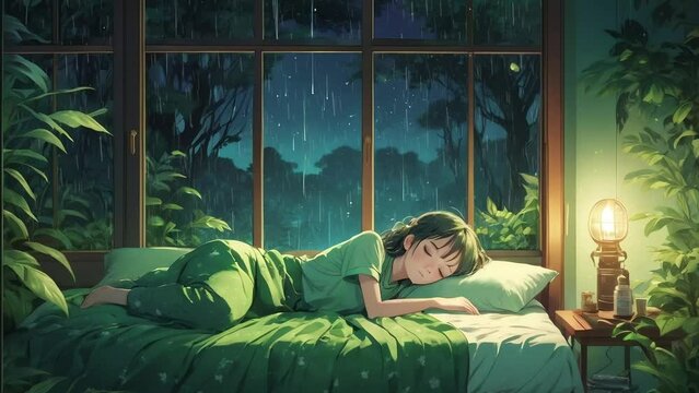 anime girls, sleeping, lofi, lofi girls, rain, rainy, 4k resolution, peaceful, plant, night, sound, music, forest, green area, room, tree, night, moon, nice view, bulding, city, bed, home, sofa, sleep