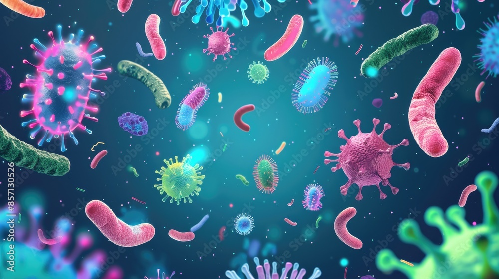 Poster Close-up view of variously colored germs on a blue background, ideal for science and health-related illustrations