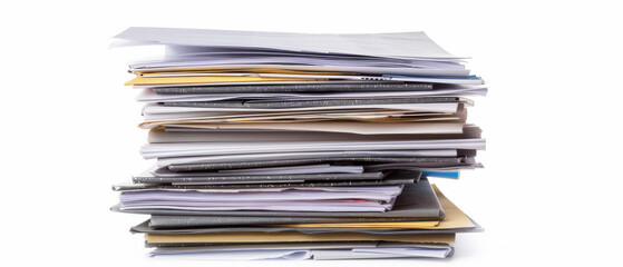 An untidy pile of mixed paper documents and folders stacked unevenly, conveying a sense of disorganization and a busy work environment.