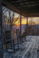 A cozy porch with rocking chairs overlooking the mountains, perfect for relaxation