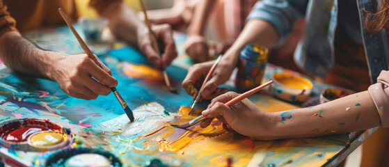 Group of people engaged in a collective painting project, their hands working together to create a vibrant masterpiece.