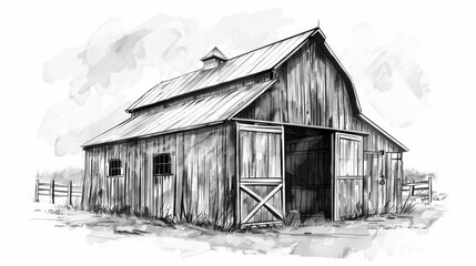 A simple illustration of a traditional barn in shades of gray, suitable for use in rural-themed designs or as a minimalist decoration